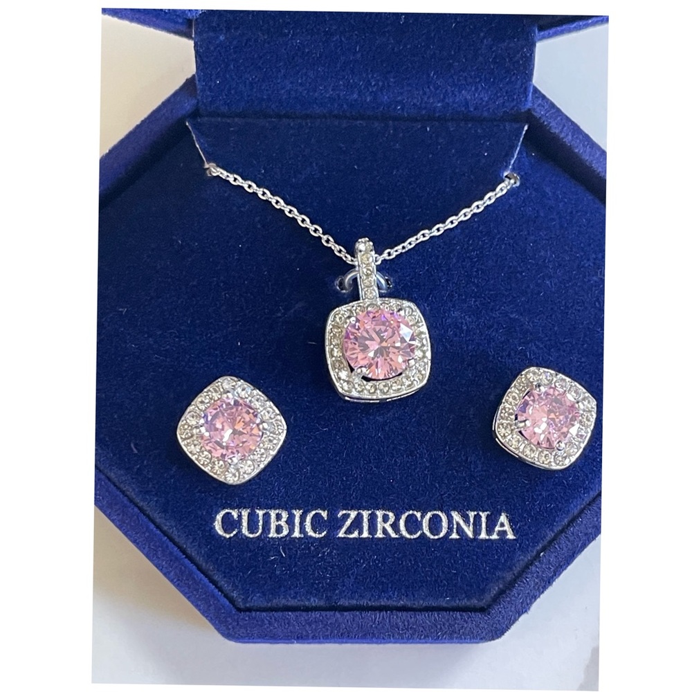 Macys Fine Silver Plate Cubic Zirconia Necklace and Stud Earring Set 18”+3” Ext - Picture 7 of 11